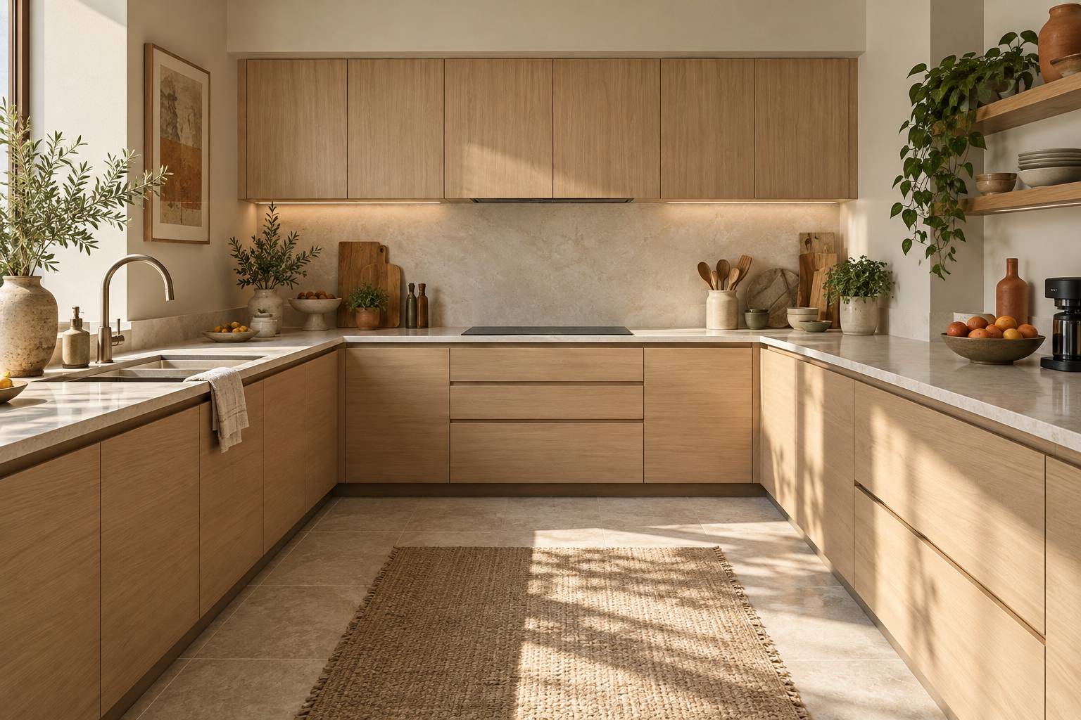 Cuisine en U avec plans de travail sur trois murs, meubles en bois clair, évier et hotte discrète