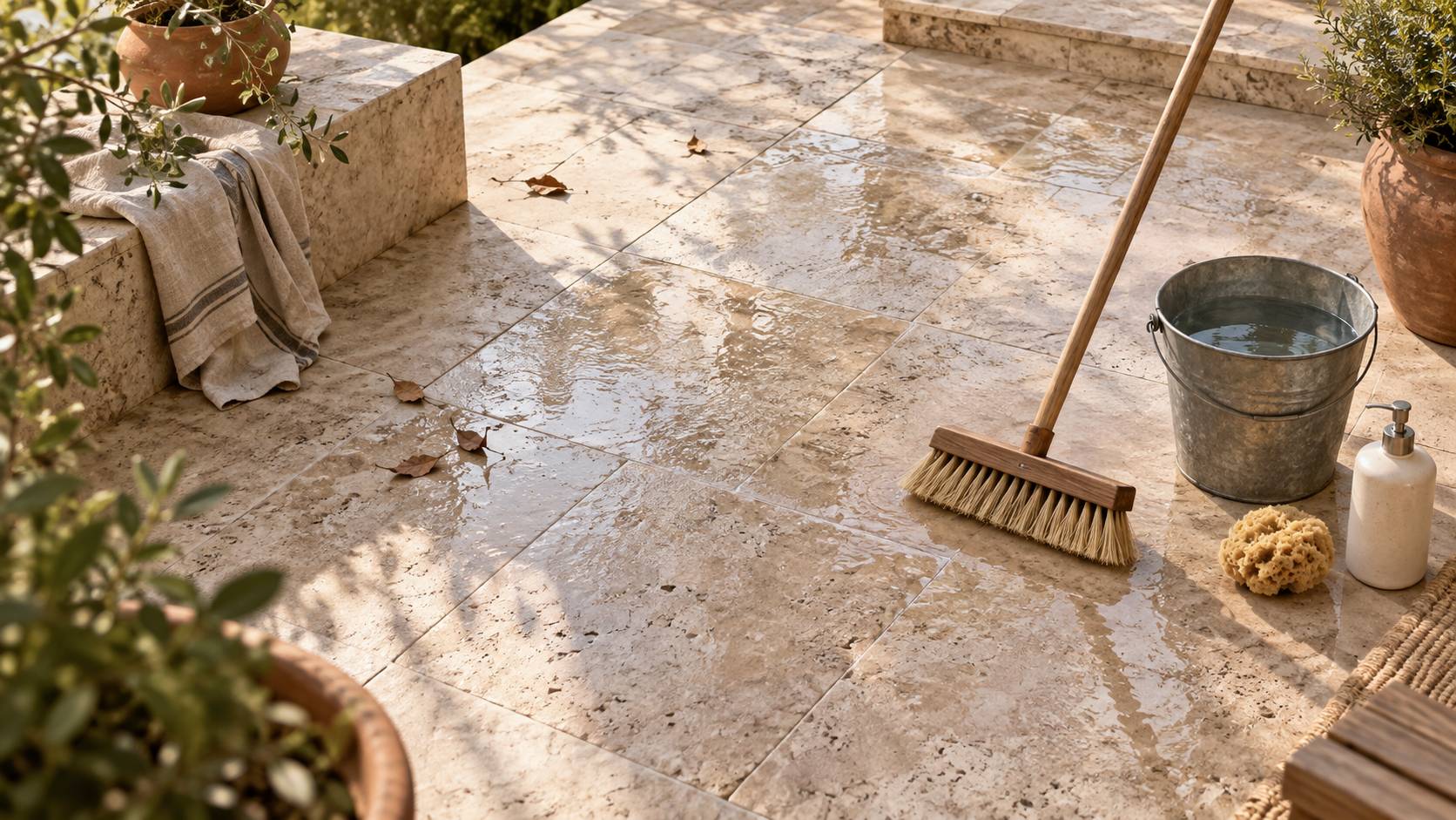 Seau, eponge et savon sur une dalle de terrasse en pierre humide