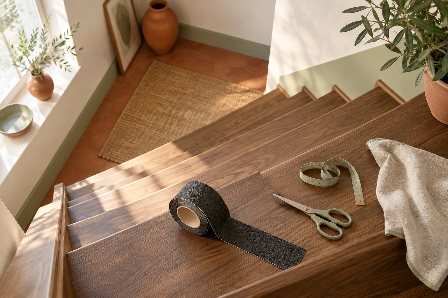 Rouleau de bande antiderapante et outils poses sur une marche d'escalier