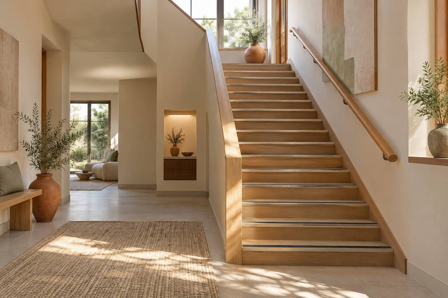 Escalier en bois clair avec bande antiderapante et rampe continue