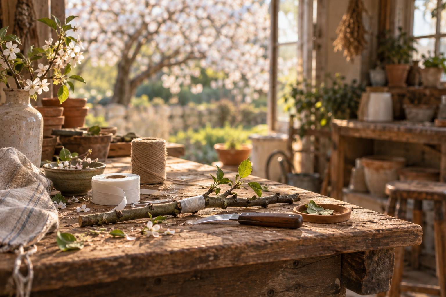 Outils de greffage, ruban et greffon sur un etabli en bois