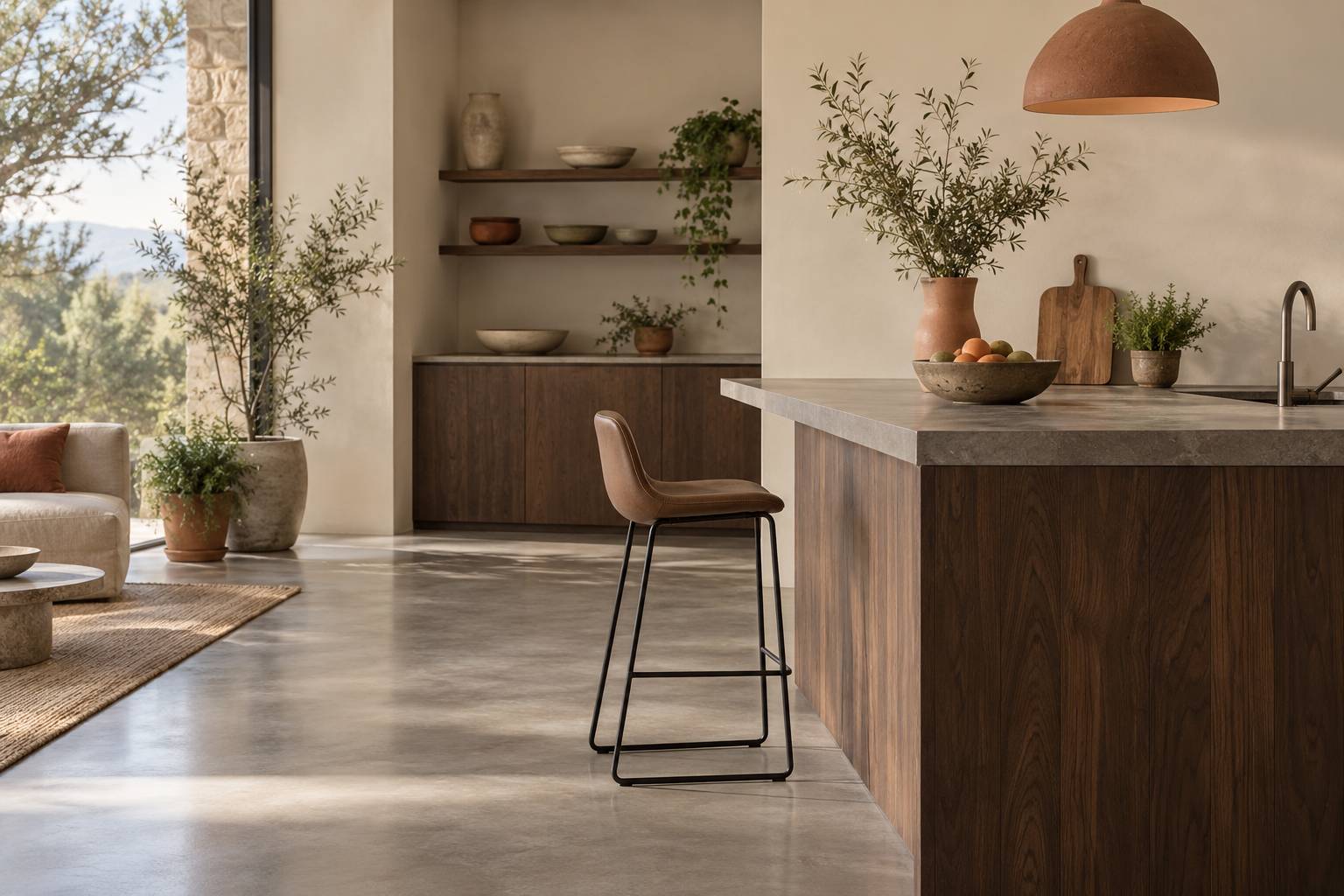 Tabouret haut devant un comptoir bar de cuisine en bois, vue de profil