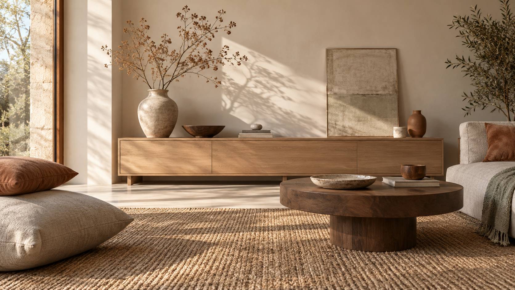 Intérieur minimaliste apaisant avec bois clair et fibres végétales