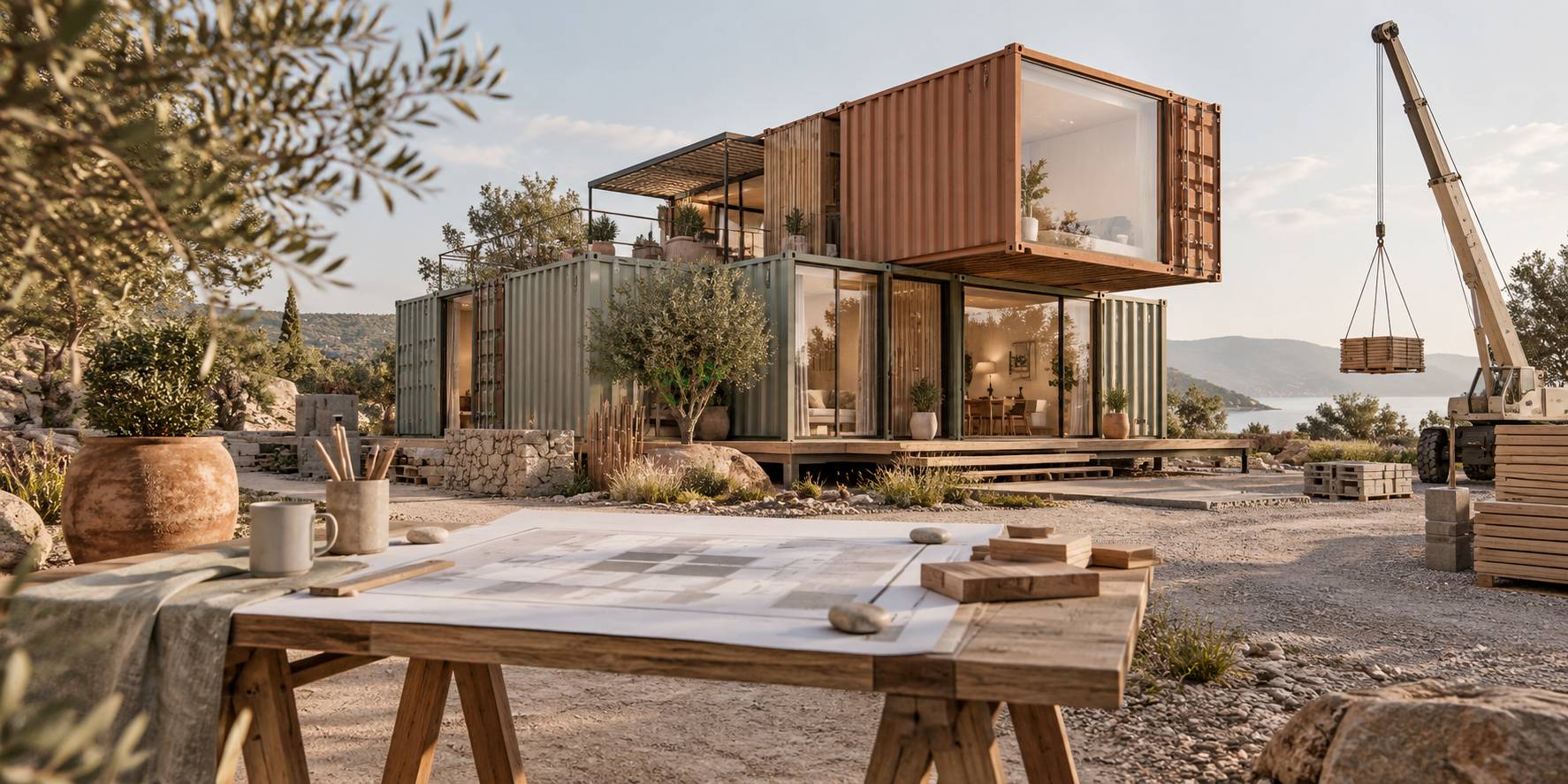 Maison container moderne composée de modules avec plan de chantier au premier plan