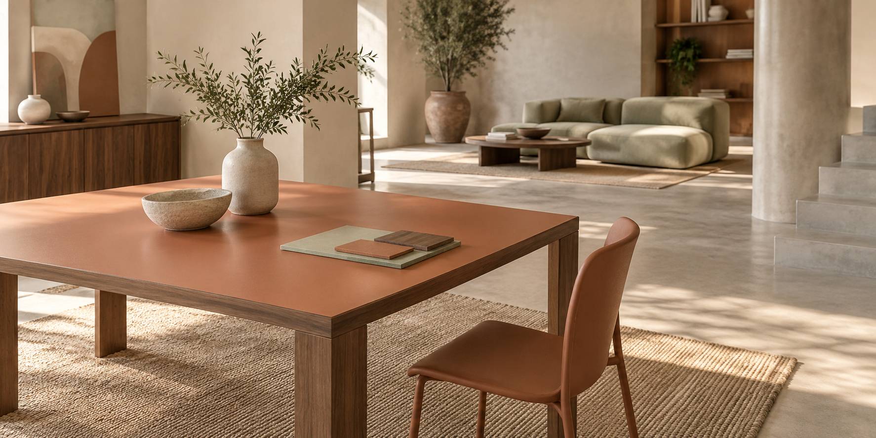 Table et chaise en stratifié coloré avec vase dans un intérieur vintage