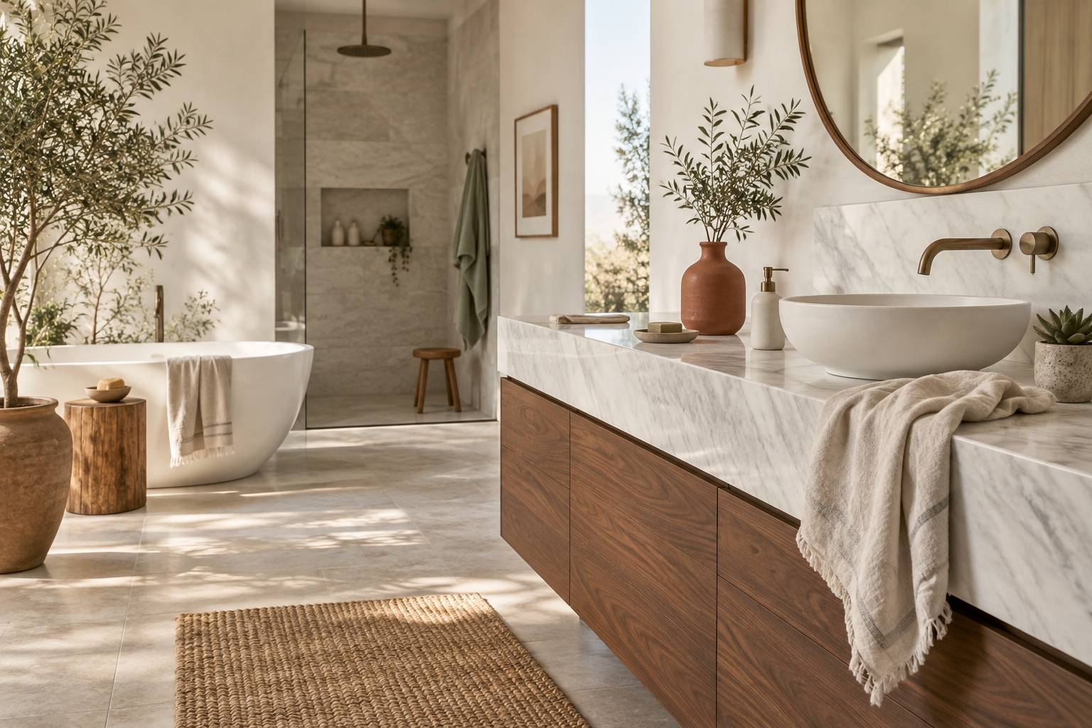 Salle de bain claire avec plan en marbre blanc et serviette de lin