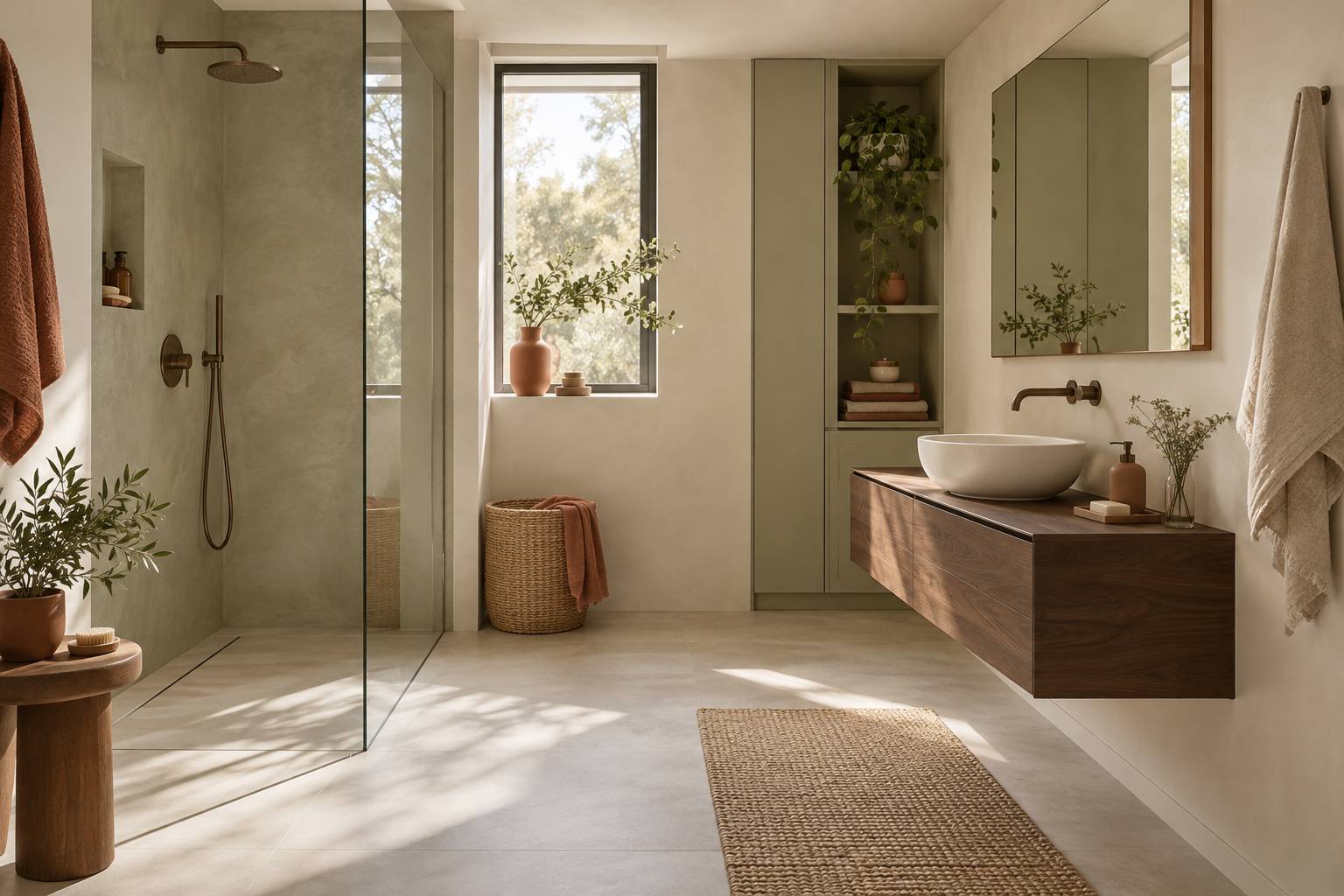 Petite salle de bains optimisée avec meuble suspendu et douche ouverte