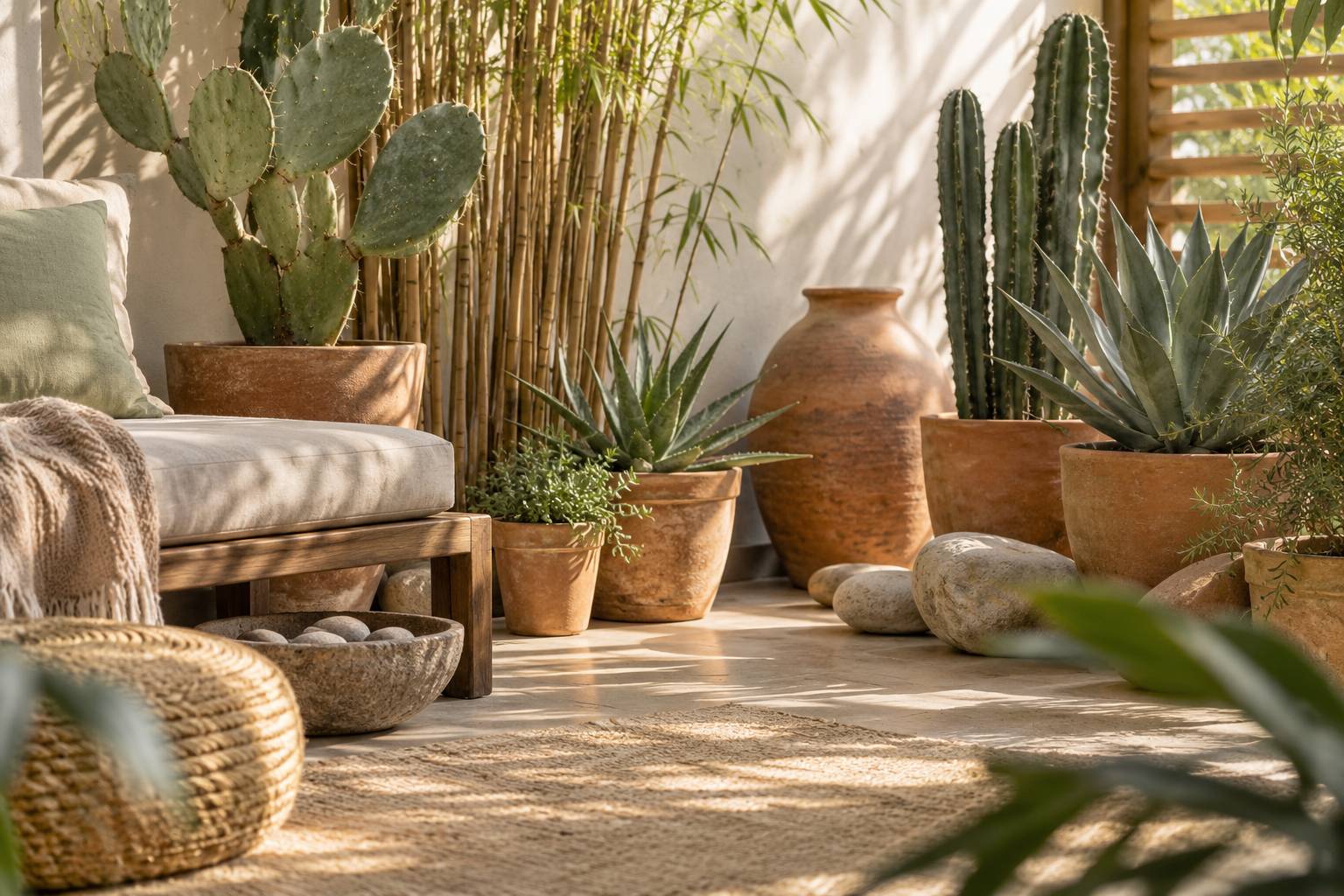 Pots de cactus et plantes grasses sur un paillage decoratif