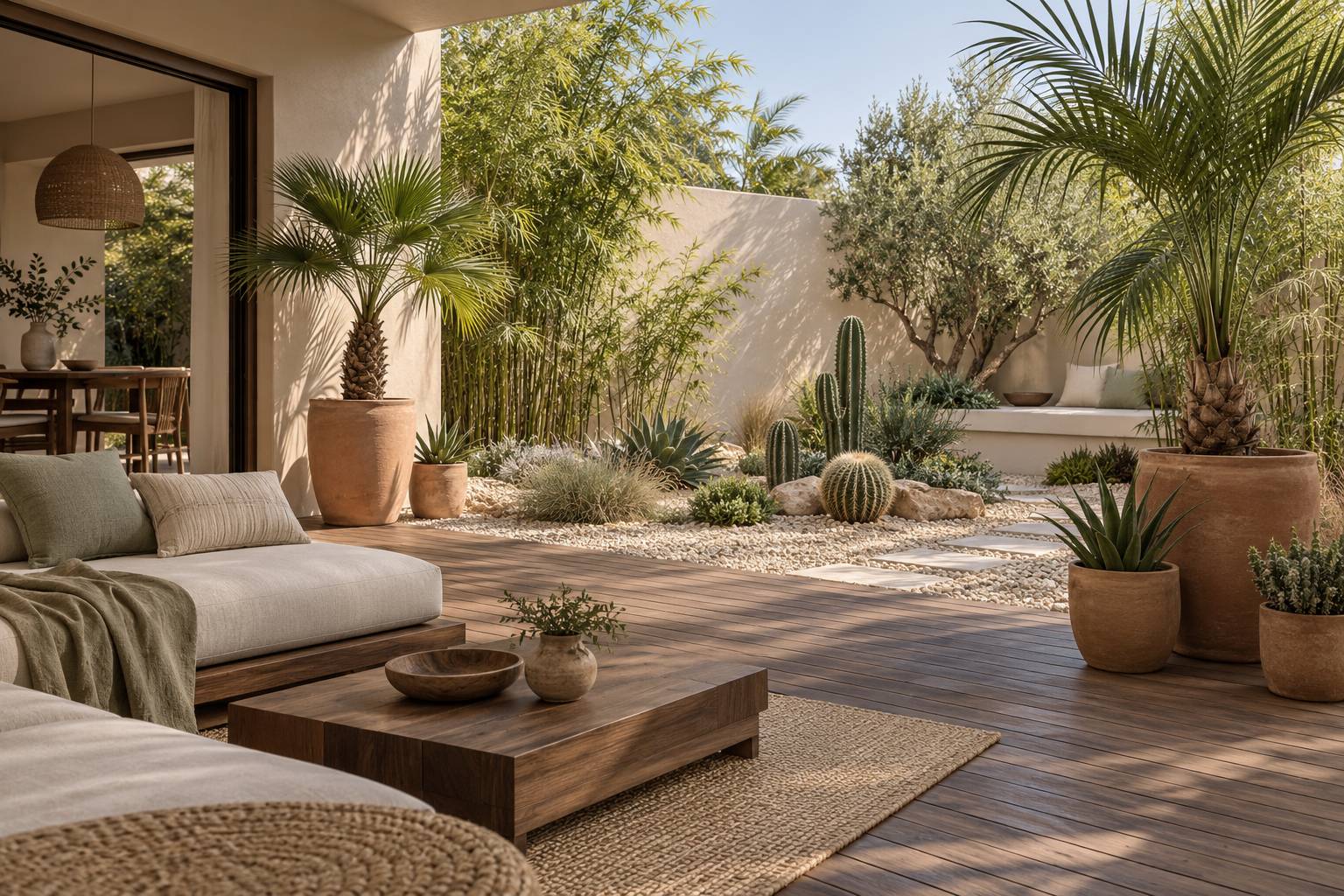 Petit jardin exotique avec palmiers en pot et paillage mineral