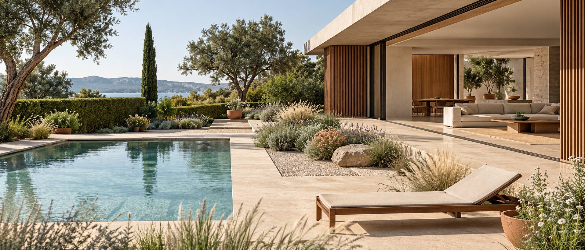 Jardin paysager avec piscine, terrasse en pierre et massifs de vivaces