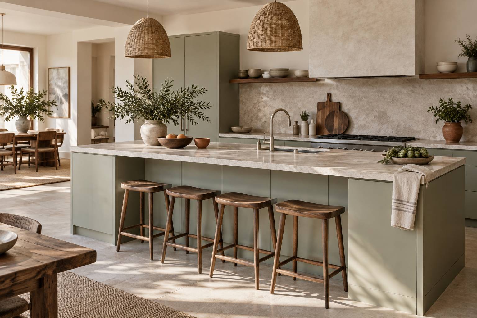 Plan de travail de cuisine en pierre claire dans un intérieur lumineux