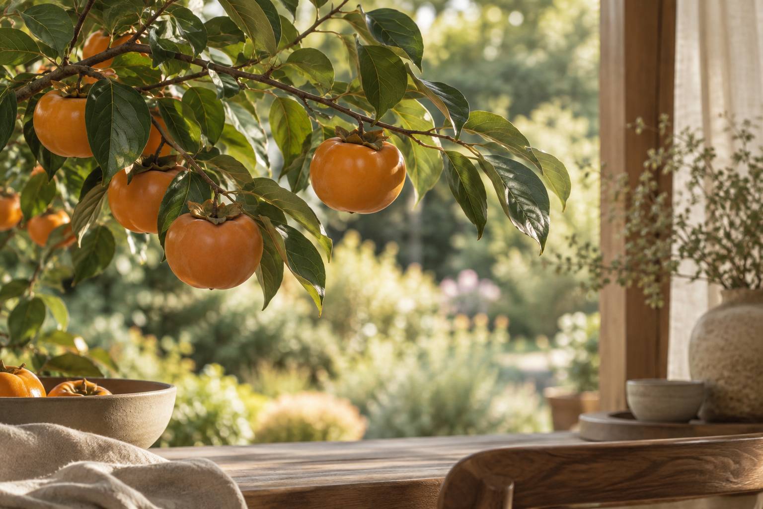 Gros plan de fruits de kaki orange sur une branche de plaqueminier