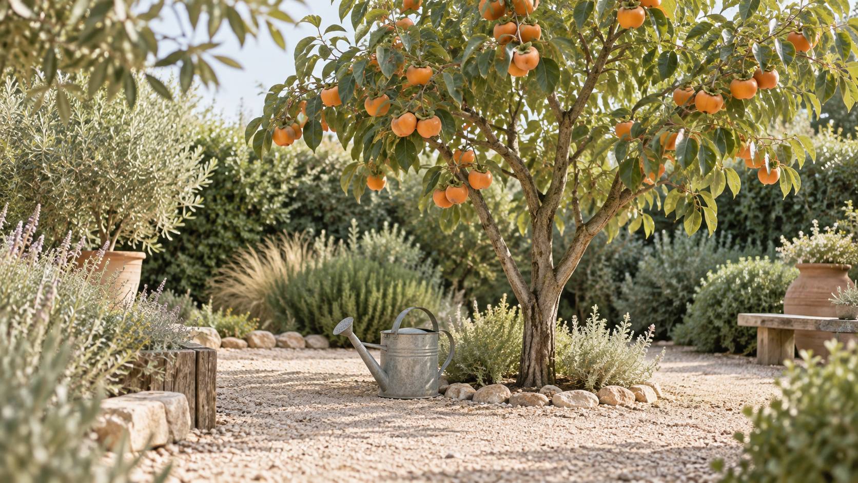 Jeune plaqueminier avec fruits de kaki orange dans un jardin ensoleillé