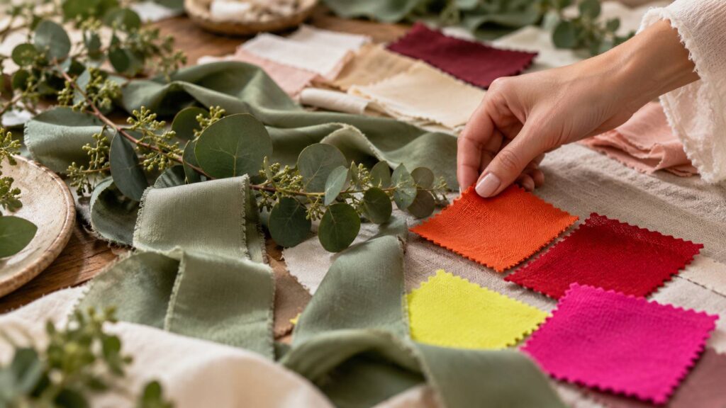 Illustration de détail sur le sujet : Quelles teintes éviter pour un mariage de couleurs réussi avec le vert ?