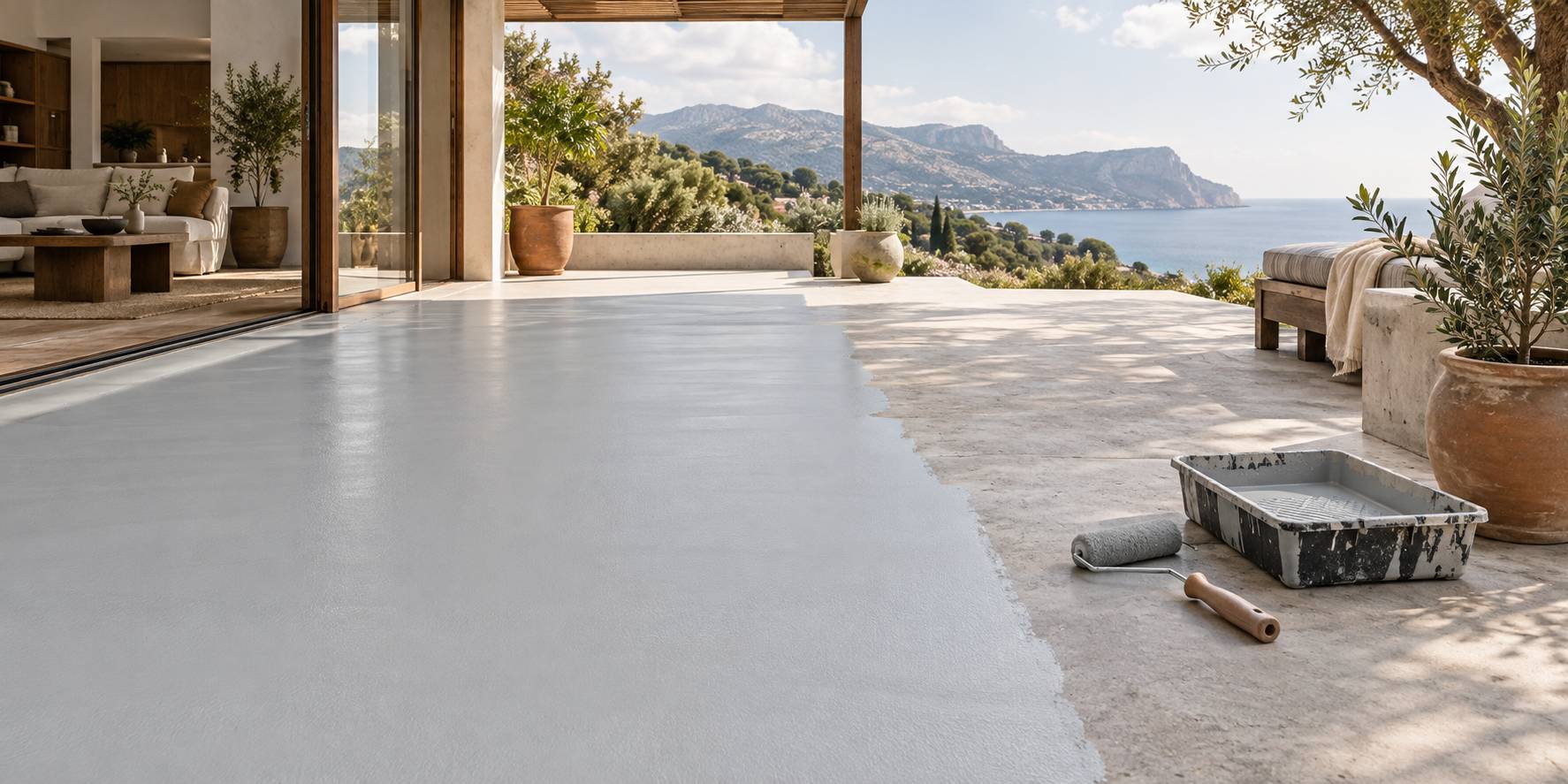 Terrasse en beton en cours de peinture au rouleau, dalle gris clair
