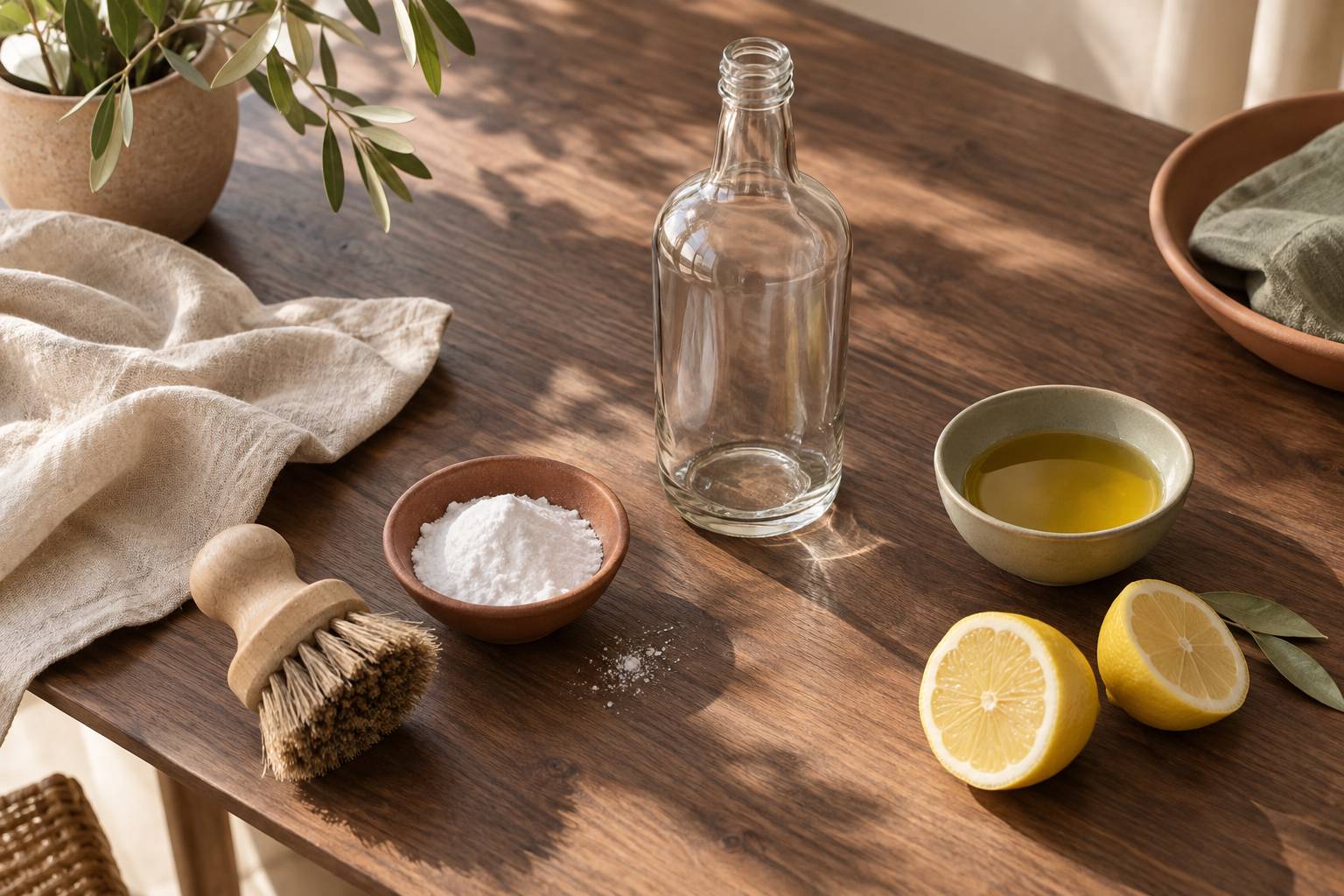 Bouteille propre avec huile, bicarbonate et citron sur un plan de travail