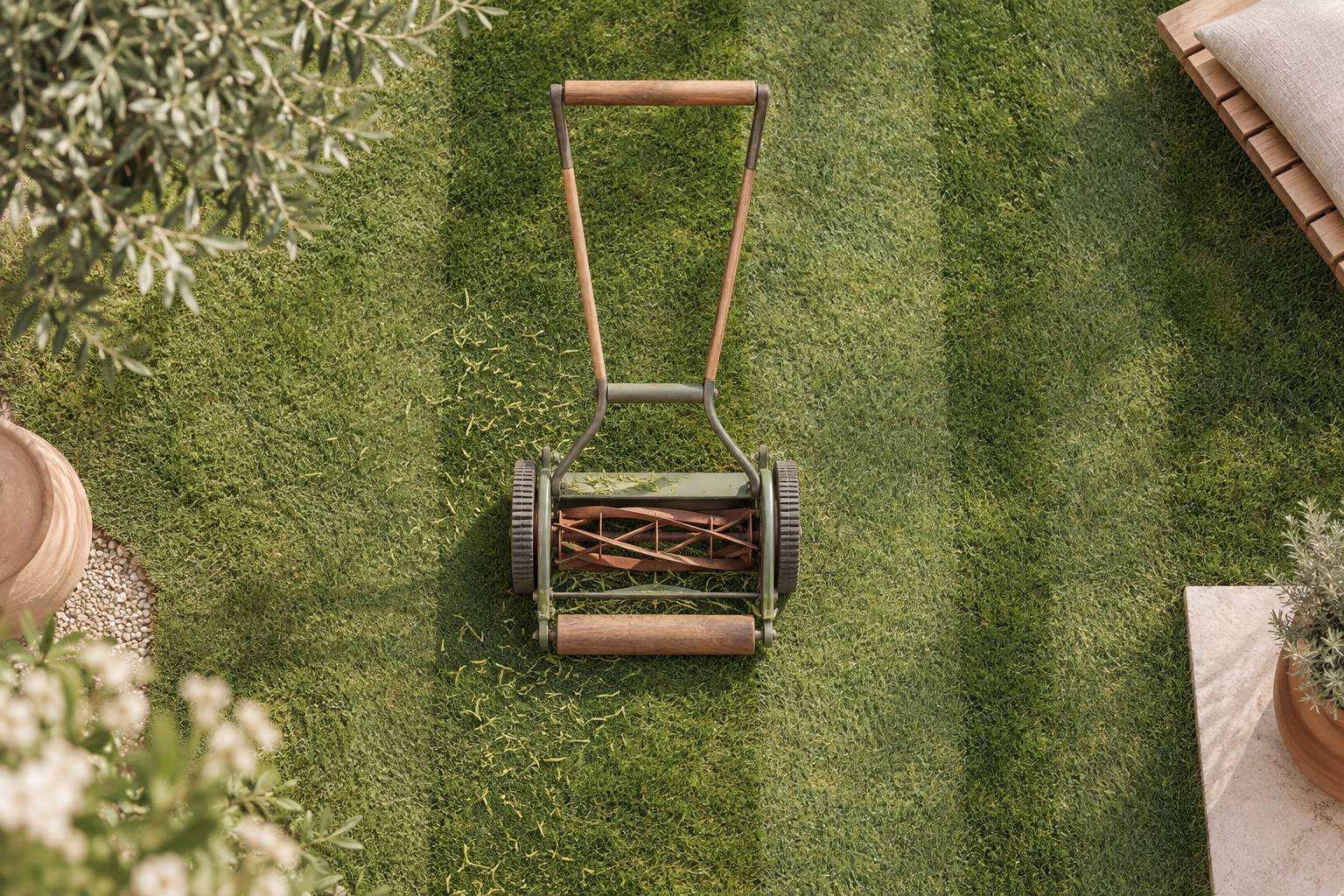 Tondeuse manuelle vue de dessus avec cylindre de coupe et rouleau